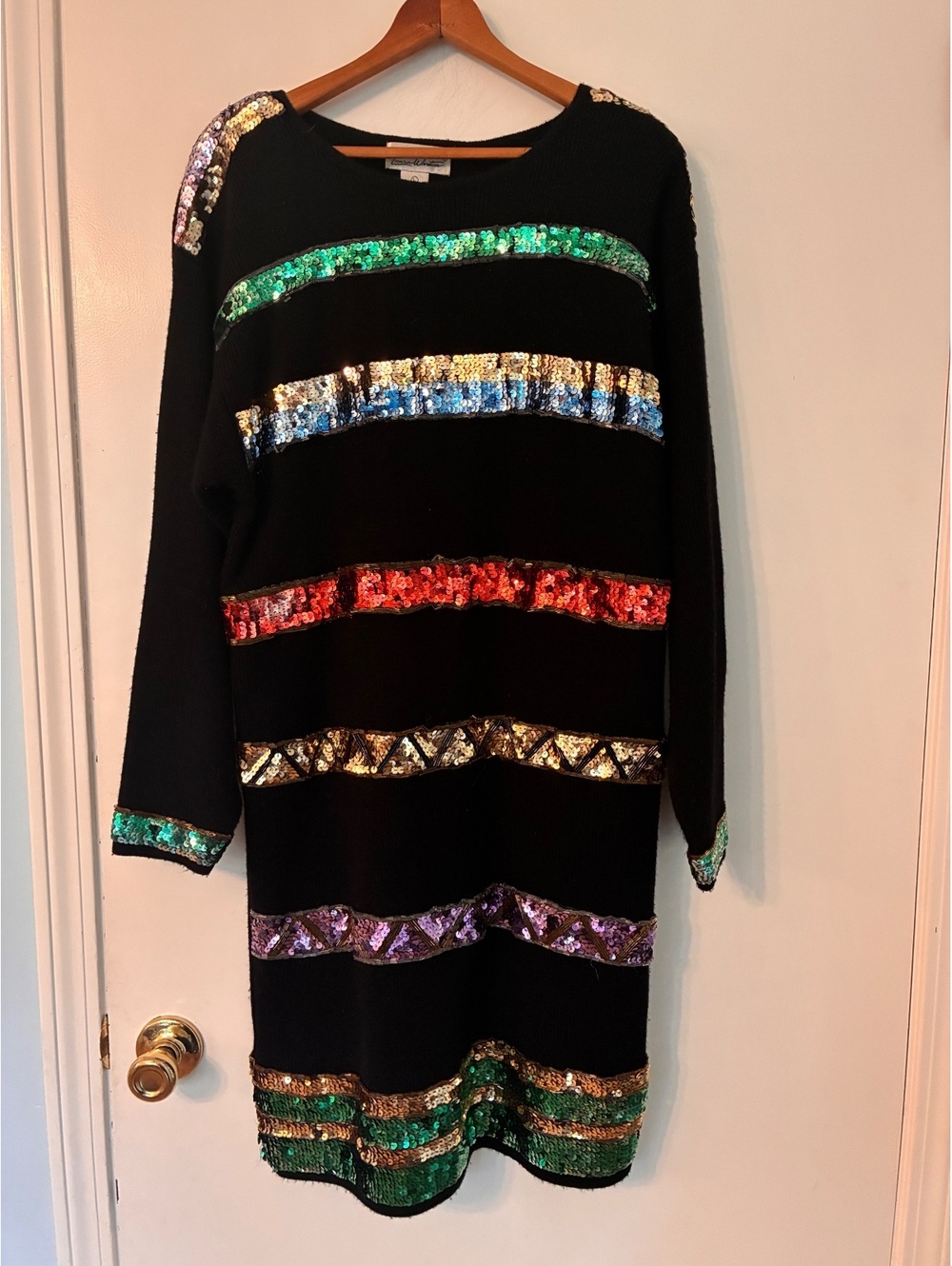 Vintage Laura Winston Sequin Beaded Sweater Dress Large 80s 90s